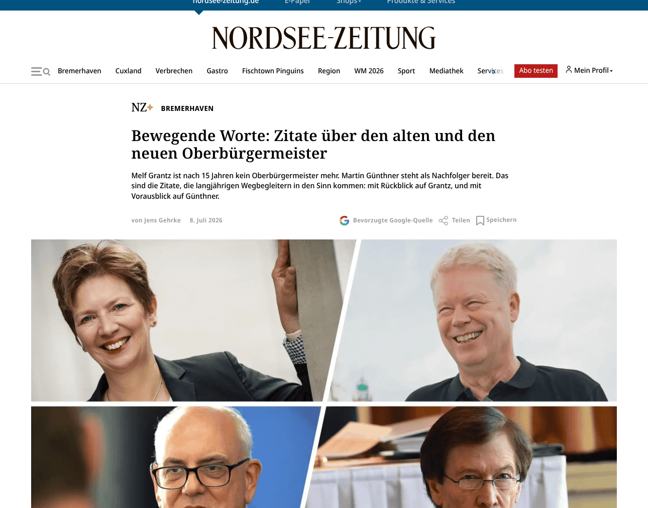 Screenshot NZ-Artikel: Bewegende Worte über den alten und den neuen Oberbürgermeister