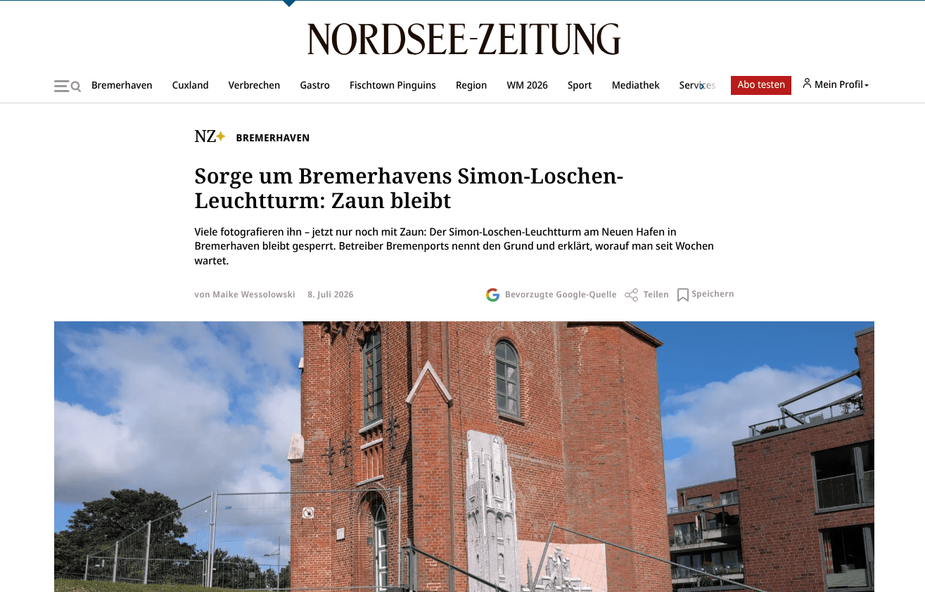 Screenshot NZ-Artikel: Sorge um Bremerhavens Simon-Loschen-Leuchtturm
