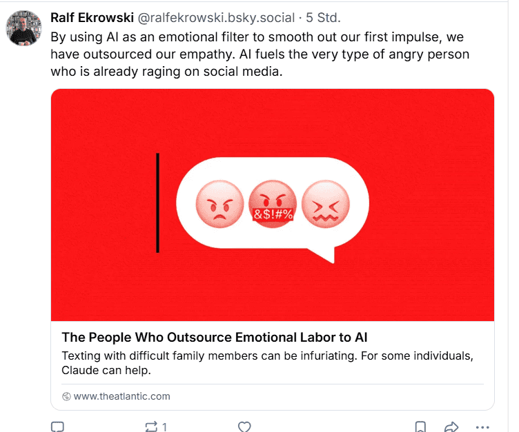 Screenshot meines Bluesky-Beitrags zum Auslagern von Emotionen an KI